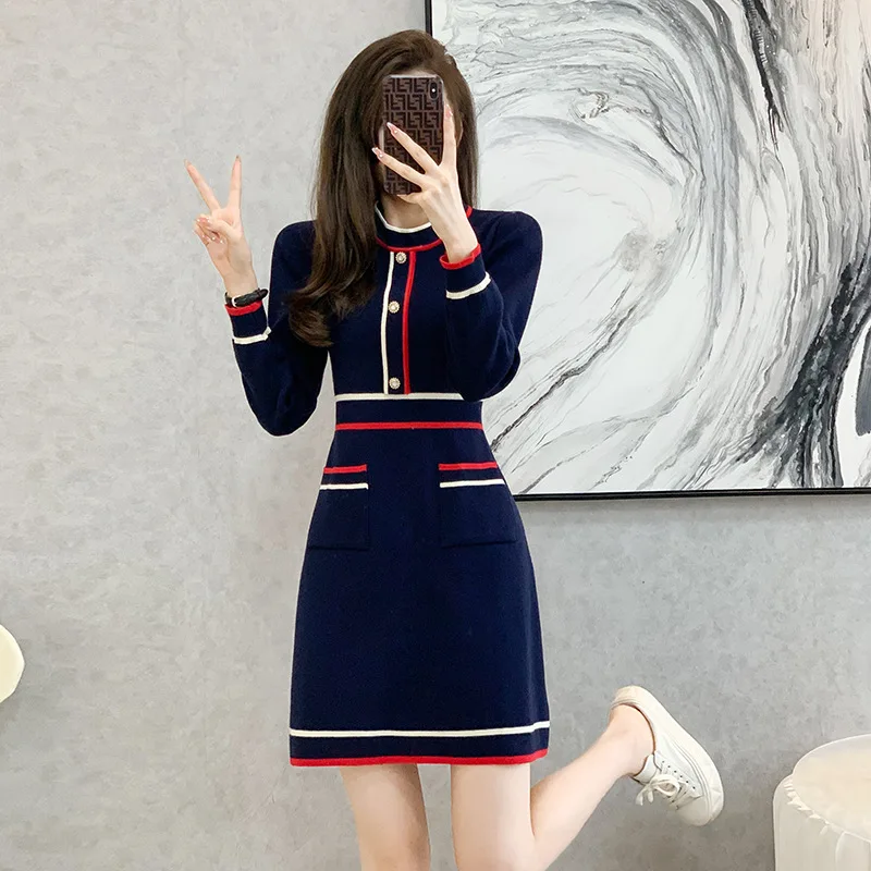 

#0992 Autumn Knitted Dress Women High Waisted A-line Sweater Dress Female Long Sleeve Office Lady Round-neck Buttons Pockets