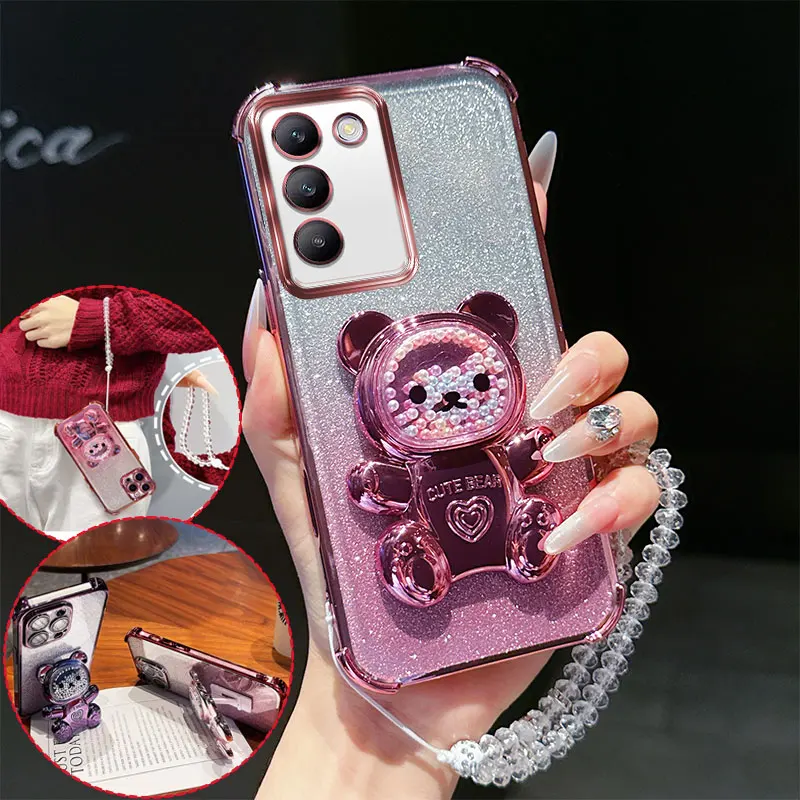 Shockproof Phone Case with 3D Bear Stand and Crystal Glitter Lanyard