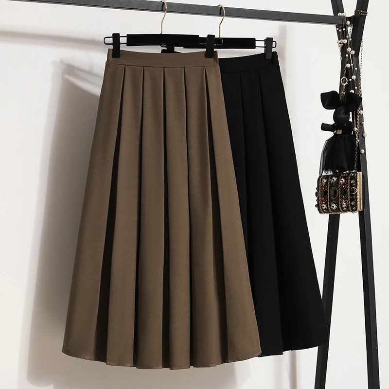 Women Skirt Autumn Versatile Pleated Vintage Skirt Office Elastic Waist Solid Color Skirt Female Mid Length A-line Skirt