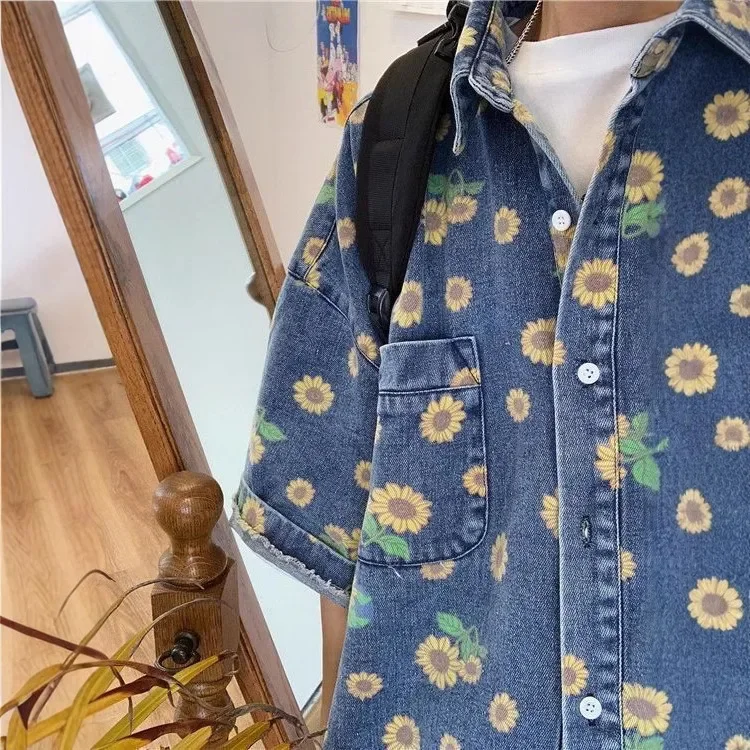 Retro Washed Denim Shirt Men's Summer Hong Kong Style Full Print Daisy Loose Short Sleeve Casual Top Trendy Loose Fit Shirt