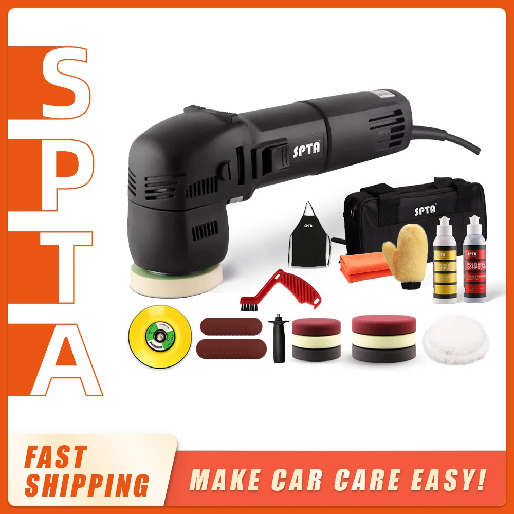 

SPTA 3inch 10mm Random Orbit Dual Action Polisher Mini Car Polisher Electric Car Beauty Polishing Machine Set with Polish Pads