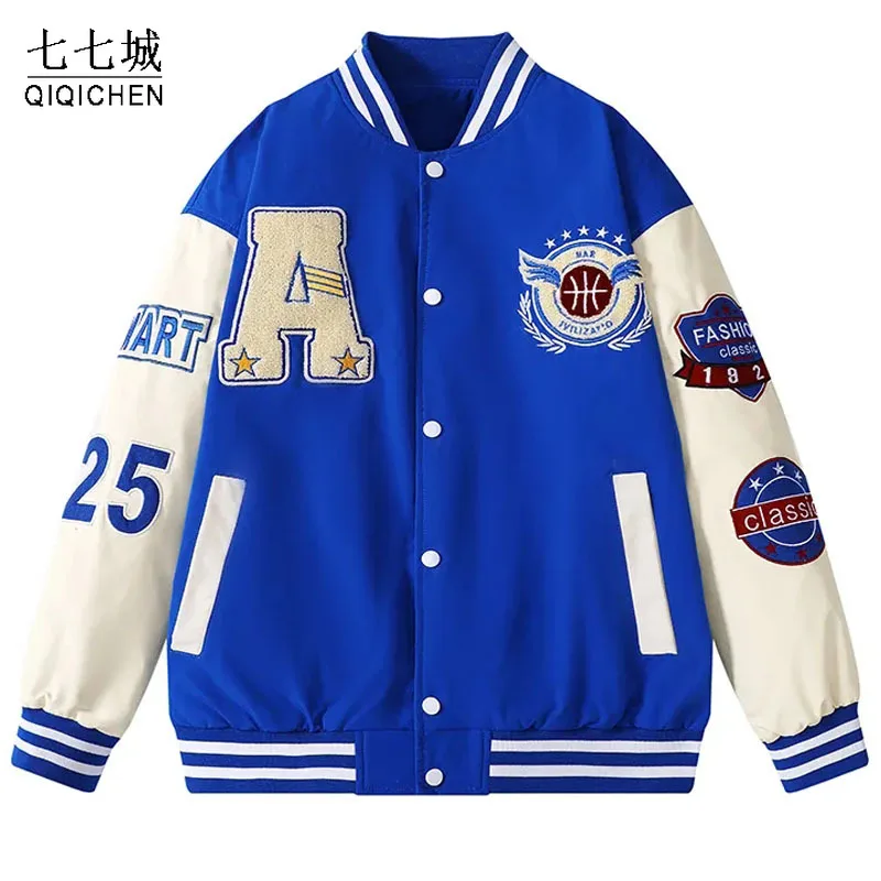 Blue Varsity Jackets Men Letters Embroidery London Bomber Jacket Women  Casual splicing Sleeve Y2k Hombre Coats Female Neutrals - AliExpress