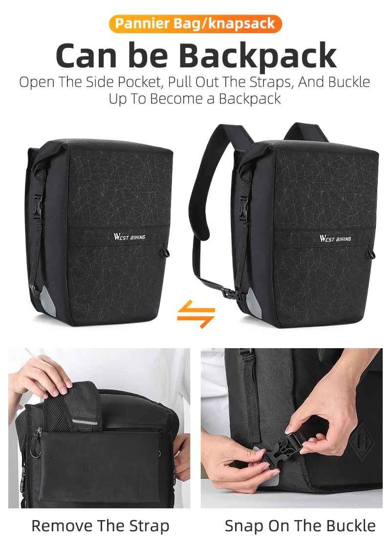 WEST BIKING 17-29L Fahrrad-Gepäcktasche Wasserdichte Rücksitztasche Konvertierbarer Rucksack Pendler-Reisetasche Outdoor-Fahrradzubehör – Detail 5