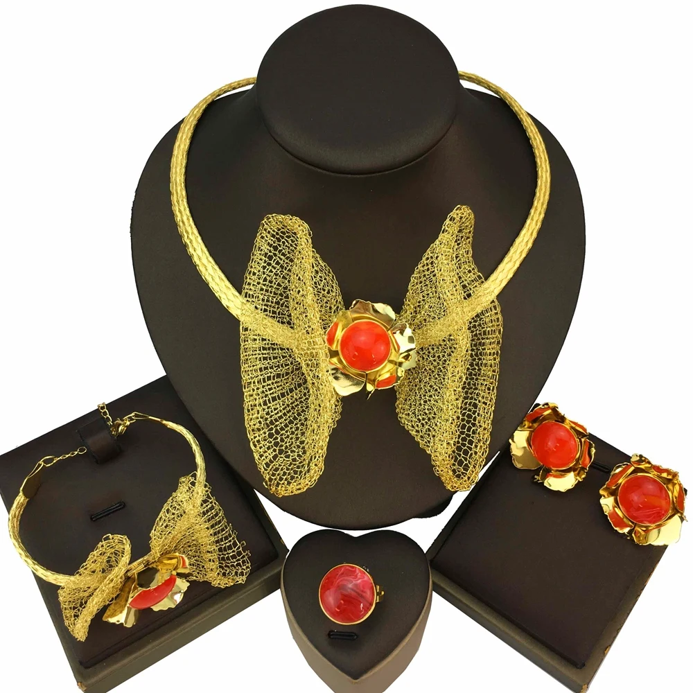 

Yuminglai Women Brazilian Style Fashion Bride Wedding Trendy African 24K Gold Plated Copper Jewelry Set FHK18205