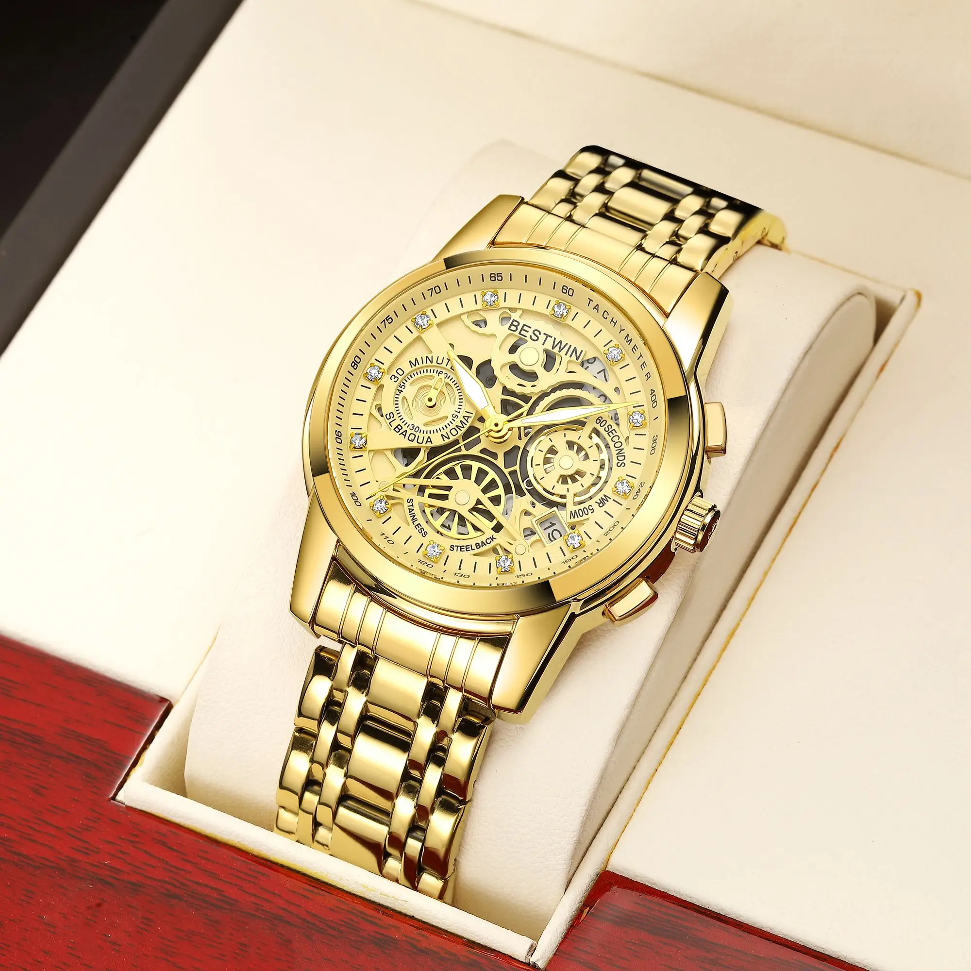 2023 Luxury Tourbillon Rotating Window Top Luxury Brand Fashion Quartz Men Watch Waterproof Gold Steel Business Wristwatch