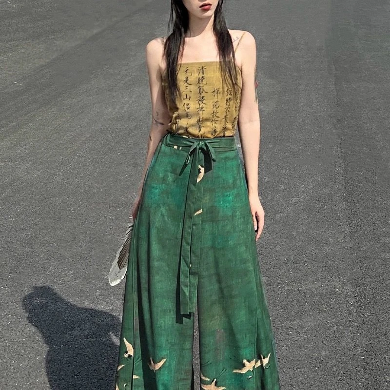 Chinese Ethnic Style Chiffon Print Wide-leg Pants Retro Waist Skirts Pants Casual Women's fashion improved hanfu Trousers
