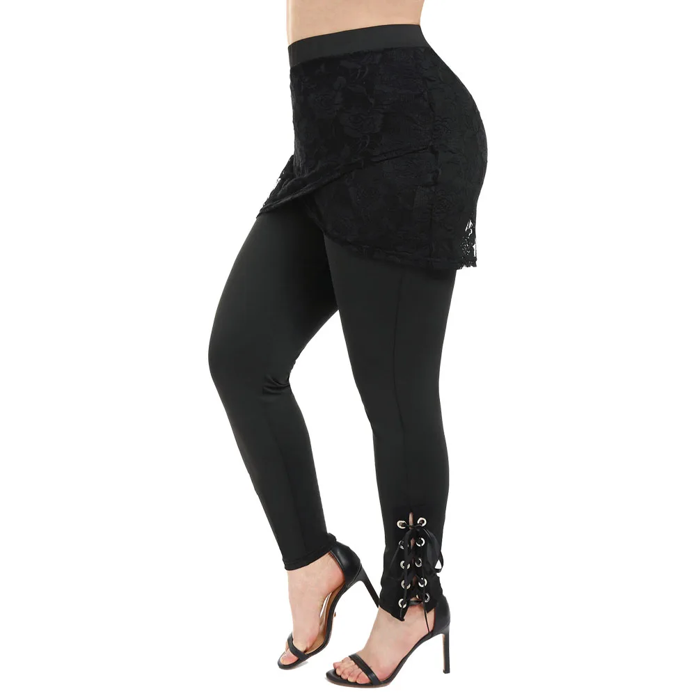 

ROSEGAL Plus Size Women's Skinny Pants Black Y2K Lace Panel Lace-up Skirted Pants High Waist Trousers