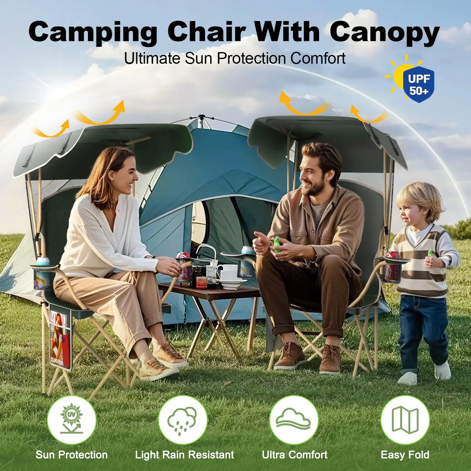 Portable Camping Chair with - Folding Chair with , Durable 600D Oxford Canopy Chair for , Beach, Picnics, Fishing & Sports