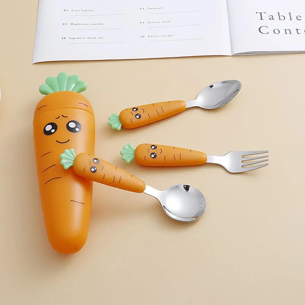 3pcs Portable Cute Cutlery Set Stainless Steel Baby Silverware Self-Feeding  Kids Spoon and Fork with Carrot Shaped Storage Box - AliExpress