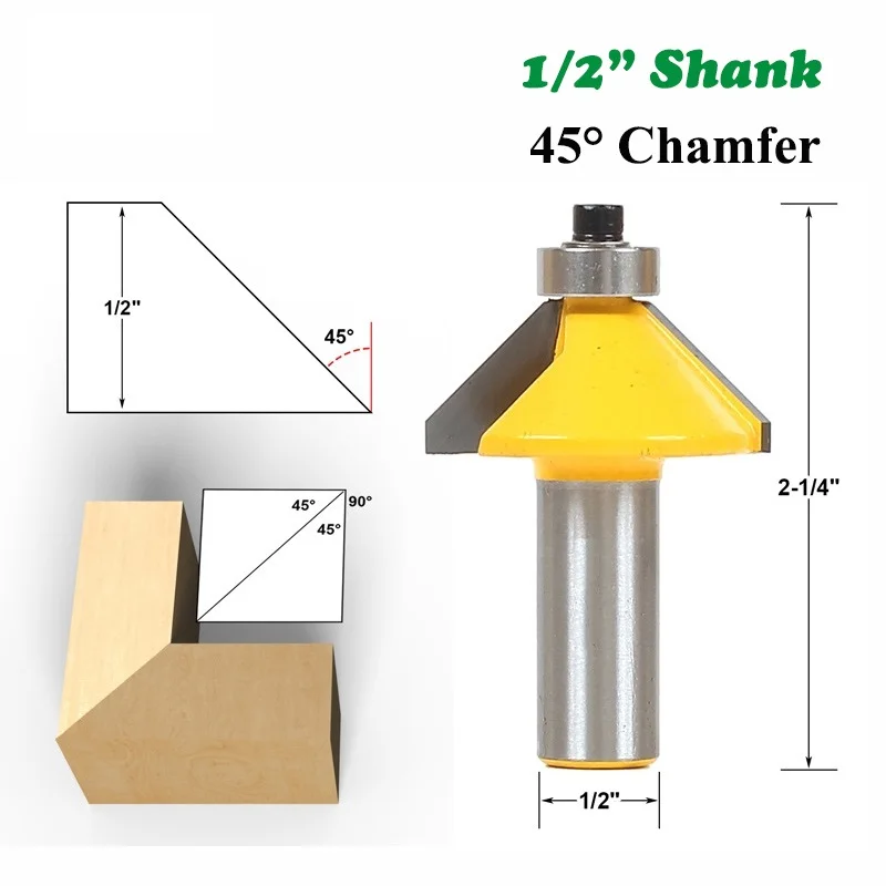 

Хвостовик 1/2 дюйма, 12,7 мм, 45 градусов, скошенная фаска, стандартная фреза для дерева, Деревообрабатывающие инструменты, 1 шт.