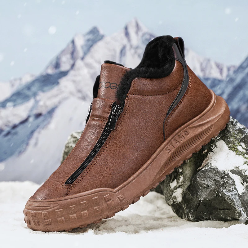 Mens Walking Shoes Winter Warm Cotton Leather Waterproof Flat Non-slip Zipper Snow Boots High-top Trendy Sneakers Man 3