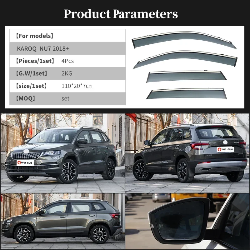 For Skoda KAROQ -24 Weathershie Accessories Bright Strip Wind Deflectors Visors Rain Guard Door Visor Vent Shades Ventvisor