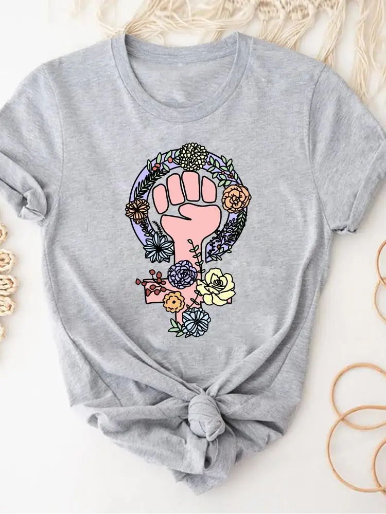 Women Clothing Print Gray T Shirt Short Sleeve Summer Top Plant Flower Trend Fashion Clothes Basic Tee Graphic T-shirt