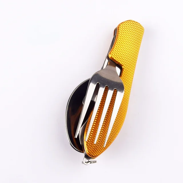 4 In 1 Outdoor Tableware Set Camping Cooking Supplies Stainless Steel Spoon Folding Pocket Kits Home Picnic Hiking Travel Tools yellow