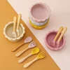 3PCS Baby Silicone Dinner Set Cartoon Lion Shape Suction Bowl Wooden Handle Spoon Fork Soft Utensils Pure Color Baby Tableware 2