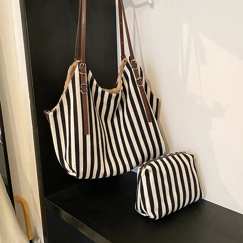 Large Capacity Canvas Bag for Women Fashion Striped Shoulder New Top-handle Travel Bag Shopping Tote Bolsa
