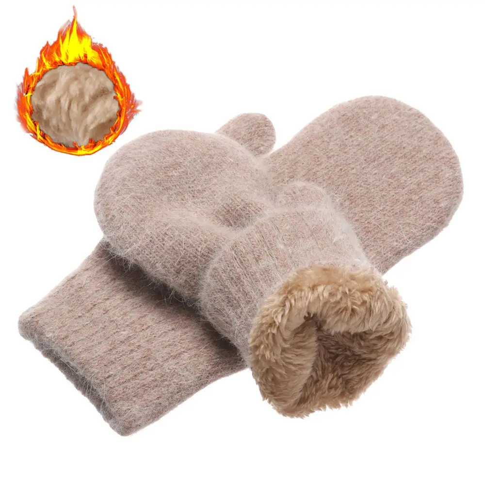 Fashion Solid Color Plush Double Layer Winter Gloves All Fingers Rabbit Hair Mittens