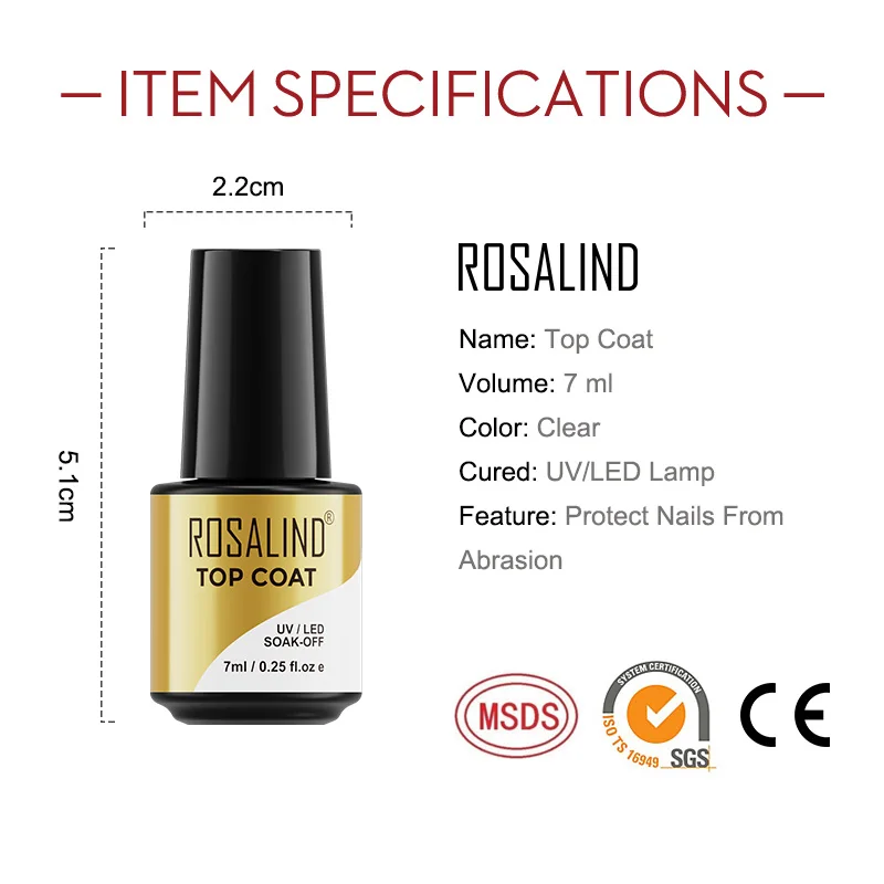 ROSALIND 7ML Top Coat smalto per unghie Vernis Semi permanente Soak Off lampada UV per Manicure no Wipe Topcoat laccato Gel a lunga durata