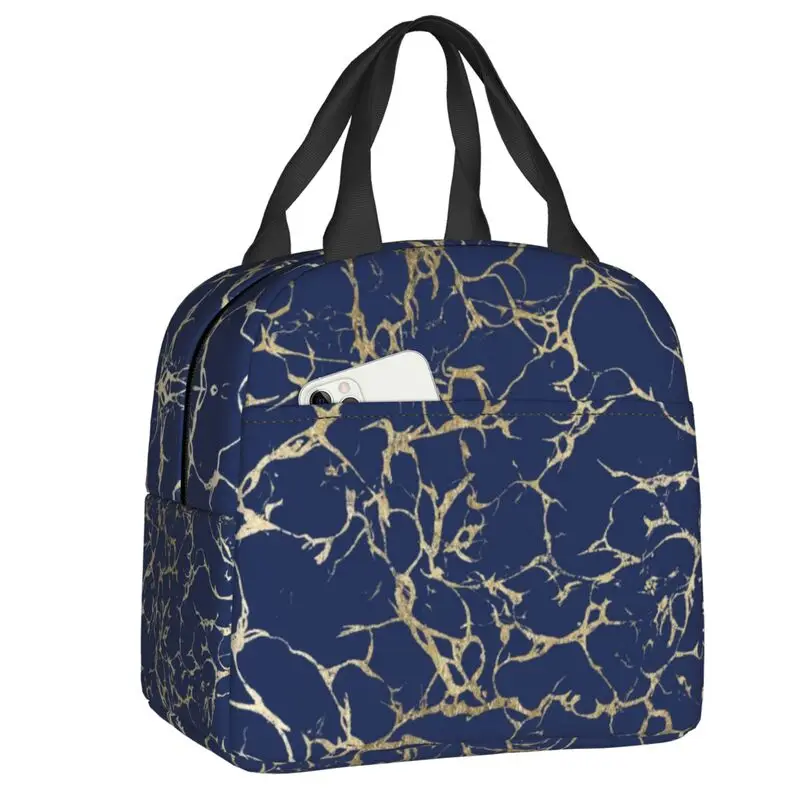 

Chic Navy Blue Faux Gold Marble Pattern Insulated Lunch Bag for Camping Travel Resuable Cooler Thermal Bento Box Women Kids