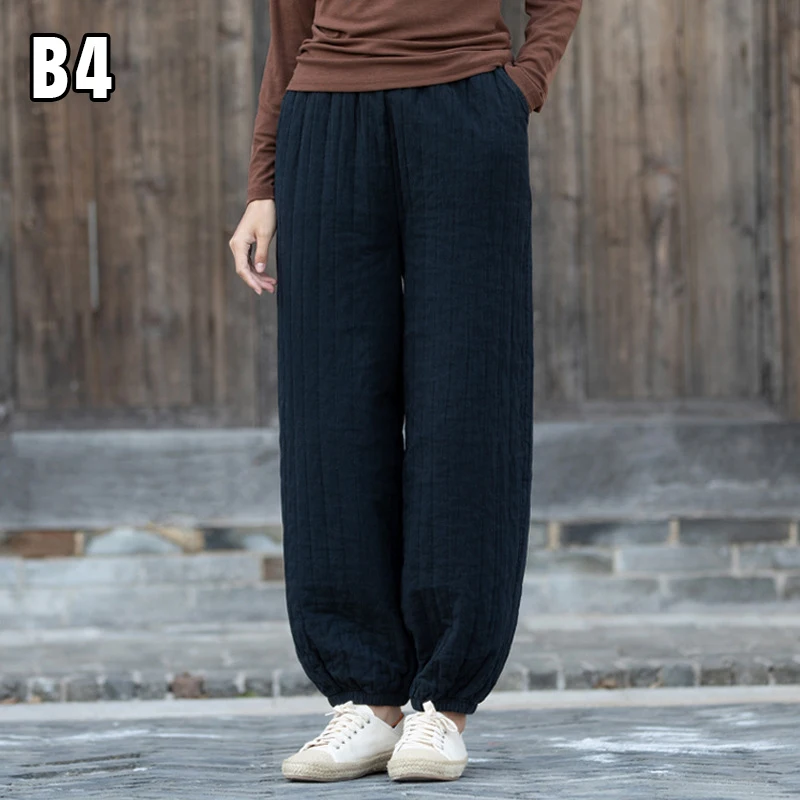 Vintage Literature Art Women Winter Cotton Quilted Pants High Waist Baggy Trousers Windproof Thicken Warm Harem Pants