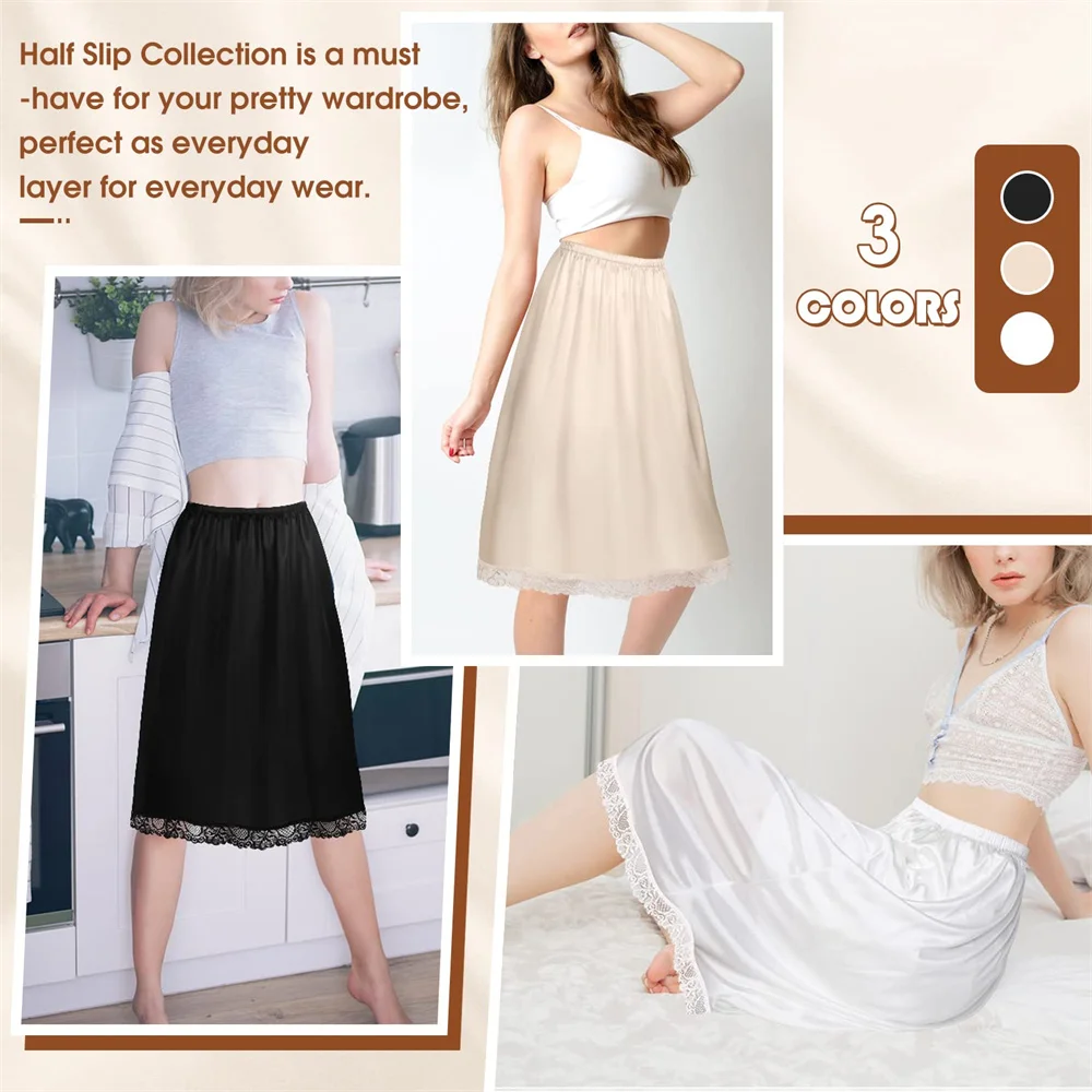 Women's Half Slips Lace Trim Underskirt Solid Color Satin Long Underskirt Elastic High Waist Skirt Comfortable Slips
