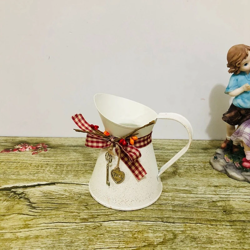 Flower Vase Bucket Bow Heart Pendant Can Farmhouse Rustic Jug For Centerpiecess Country Iron Pitcher Planter Jug-A Easy Install 4