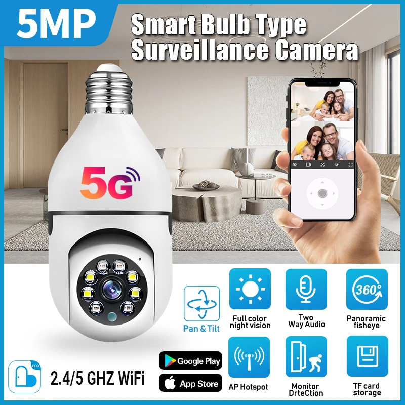 

5MP E27 Bulb 5G WiFi Camera Night Vision 4X Digital Zoom Surveillance Security Monitor Cam Full Color Automatic Human Tracking