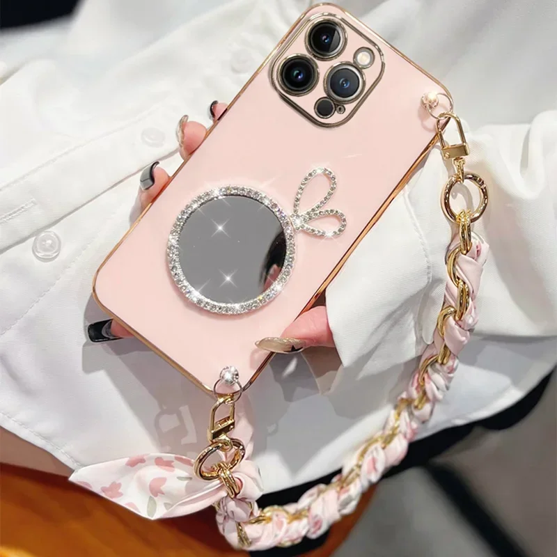 Custodia per cinturino con cordino in seta per specchio per il trucco simpatico coniglio per iPhone 15 Plus 13mini 14 13 12 11 Pro Max Cover placcatura_voghion.com