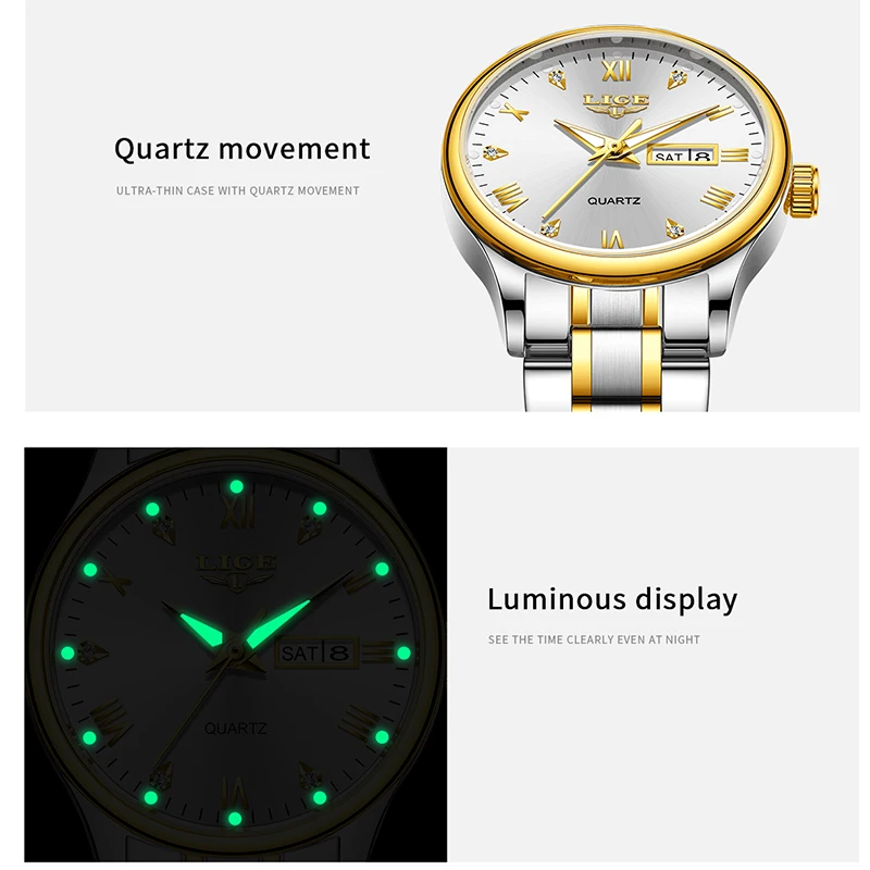 LIGE New Ladies Dress Watch Fashion Elegant Week Date Quartz Wristwatch For Women Outdoor Sport Waterproof Luminous Watch Women