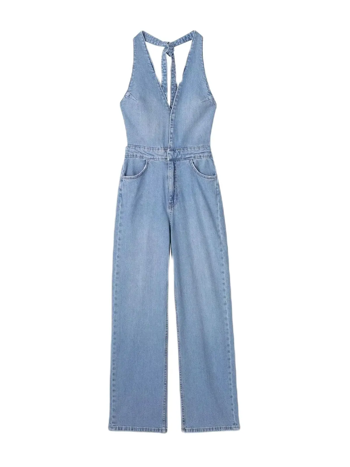 

XNWMNZ women's fashion new denim halter-neck jumpsuit woman high street V-neck sleeveless open back tie female chic jumpsuit