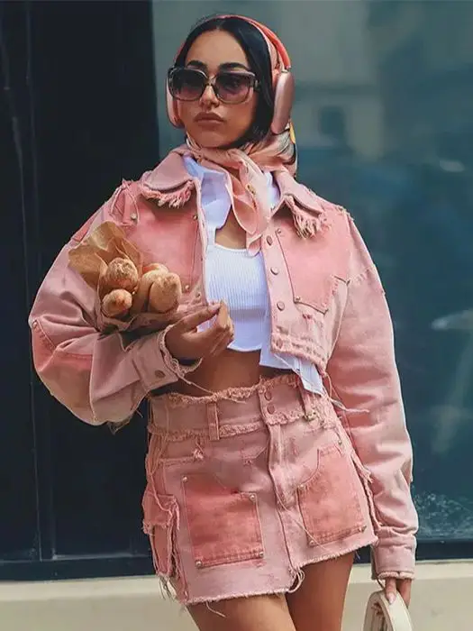 Denim Suit Contrast Color Raw Edge American Street Hot Girl Cool Hipster Single-Breasted Jacket+Peach Hip Skirts Pocket Matching