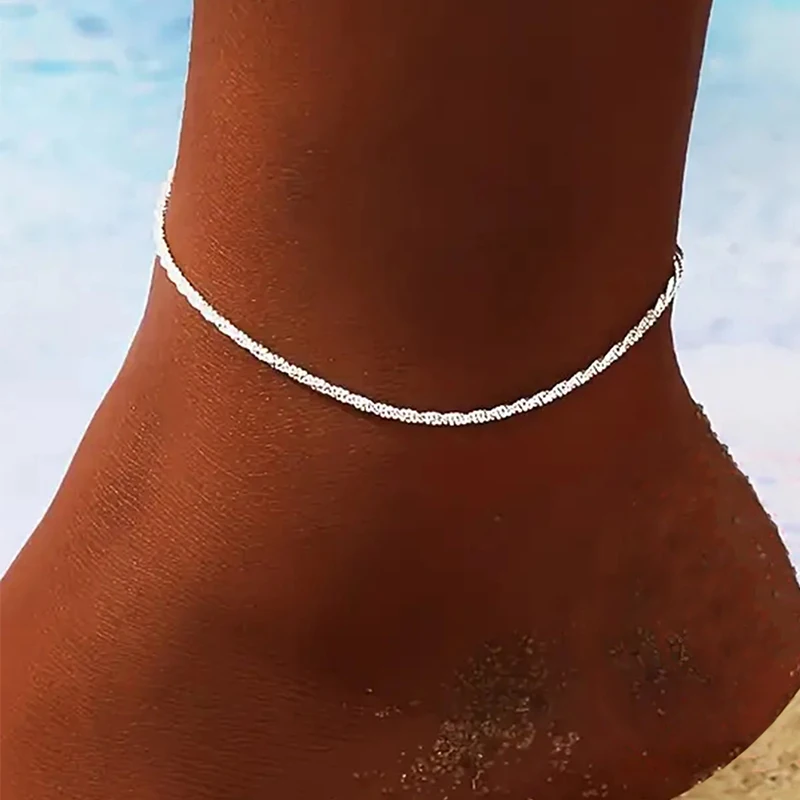Silver Anklets 925 Sterling Silver Snake Chain Anklets Women Summer Shiny Creative Fine Jewelry Fashion Exquisite Feet Accessories