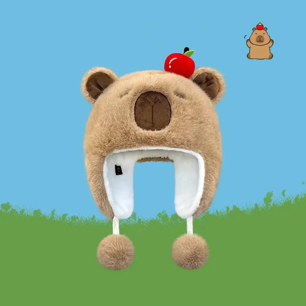 Cartoon Capybara Fluffy Warm Hat Women Winter Ear Protection Cap Pullover Hat Outdoor Sports Windproof Bear Cap Beanie Hat
