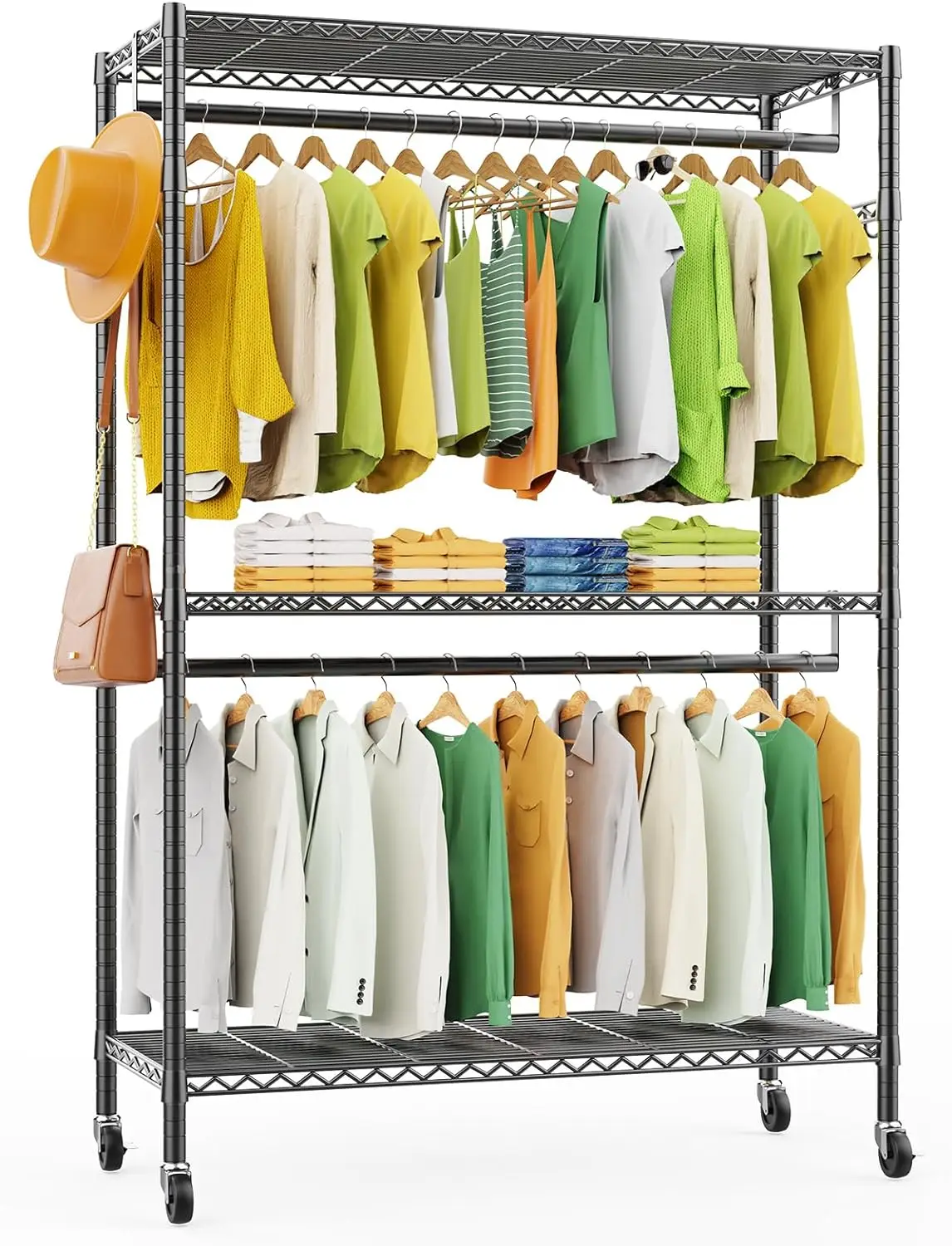 

LEHOM G1L 3 Tiers Garment Rack with Storage Shelves, Heavy Duty Rolling Free-Standing Clothing Rack Closet Organizer with Double