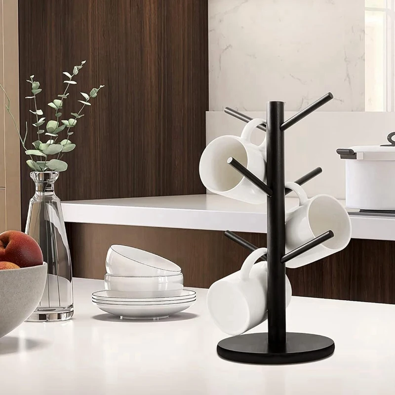 VEHO-Bamboo Coffee Cup Holder With 6 Hooks, Thickened Base Black Mug Tree, Counter Storage Rack