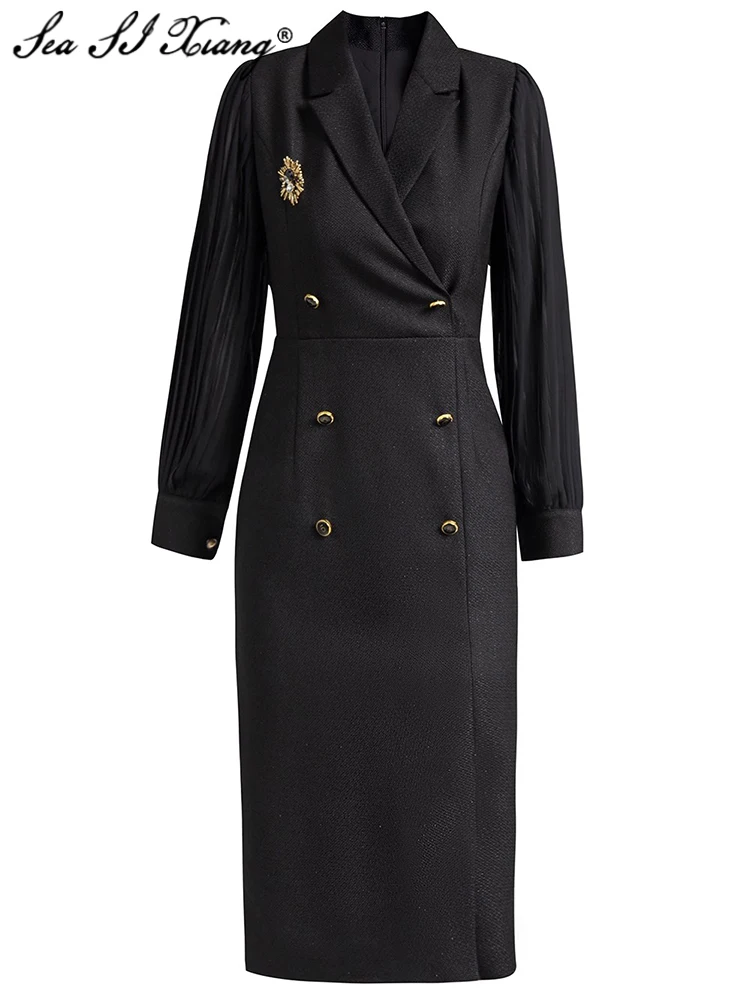 

Seasixiang Fashion Designer Spring Pencil Dress Women Turn-down Collar Draped Lantern Sleeve Crystal Brooch Office Lady Dress