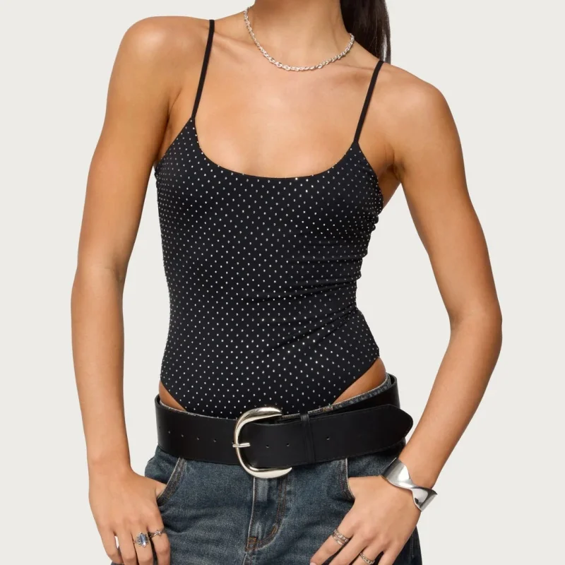 Women Y2k Polka Dot Square Neck Thong Bodysuit Backless Cami Bodysuit Top Sexy Slim Fitted Beachwear