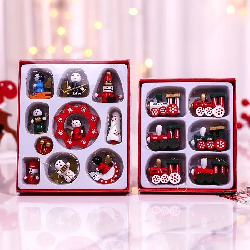 Electric Train Set Christmas Train and Image Ornaments Tree Set Hanging Wooden Miniature Decorations Pendant Wood Head Mini Ornament Decor Toys