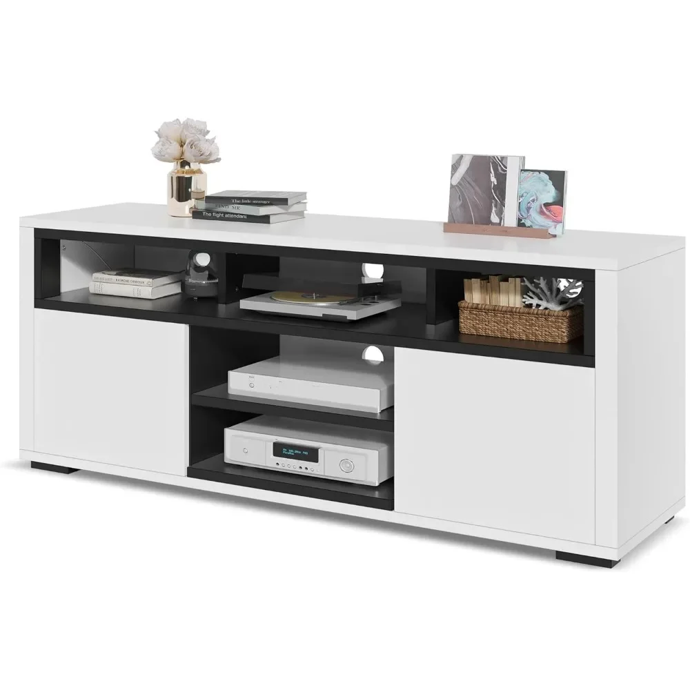 

Modern LED TV Stand, Entertainment Center w/ Storage Cabinet & Open Shelves,Wooden TV Console Table for Living Room,Black&White