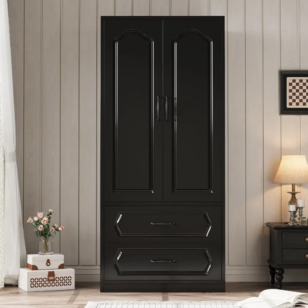 70" Wooden Wardrobe Closet with 2 Doors Drawer, Versatile Clothing Storage Cabinets with Hanging Rod, Black Children's Wardrobes 3