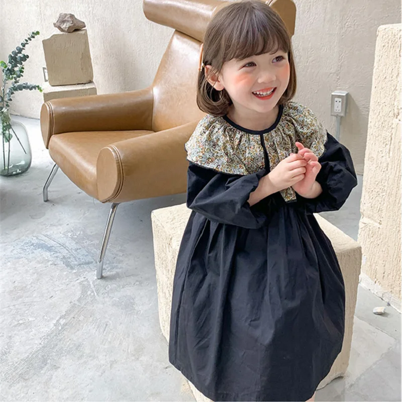 

Children clothing Girls dress with floral collar and bubble sleeves Girl princess dresses in autumn