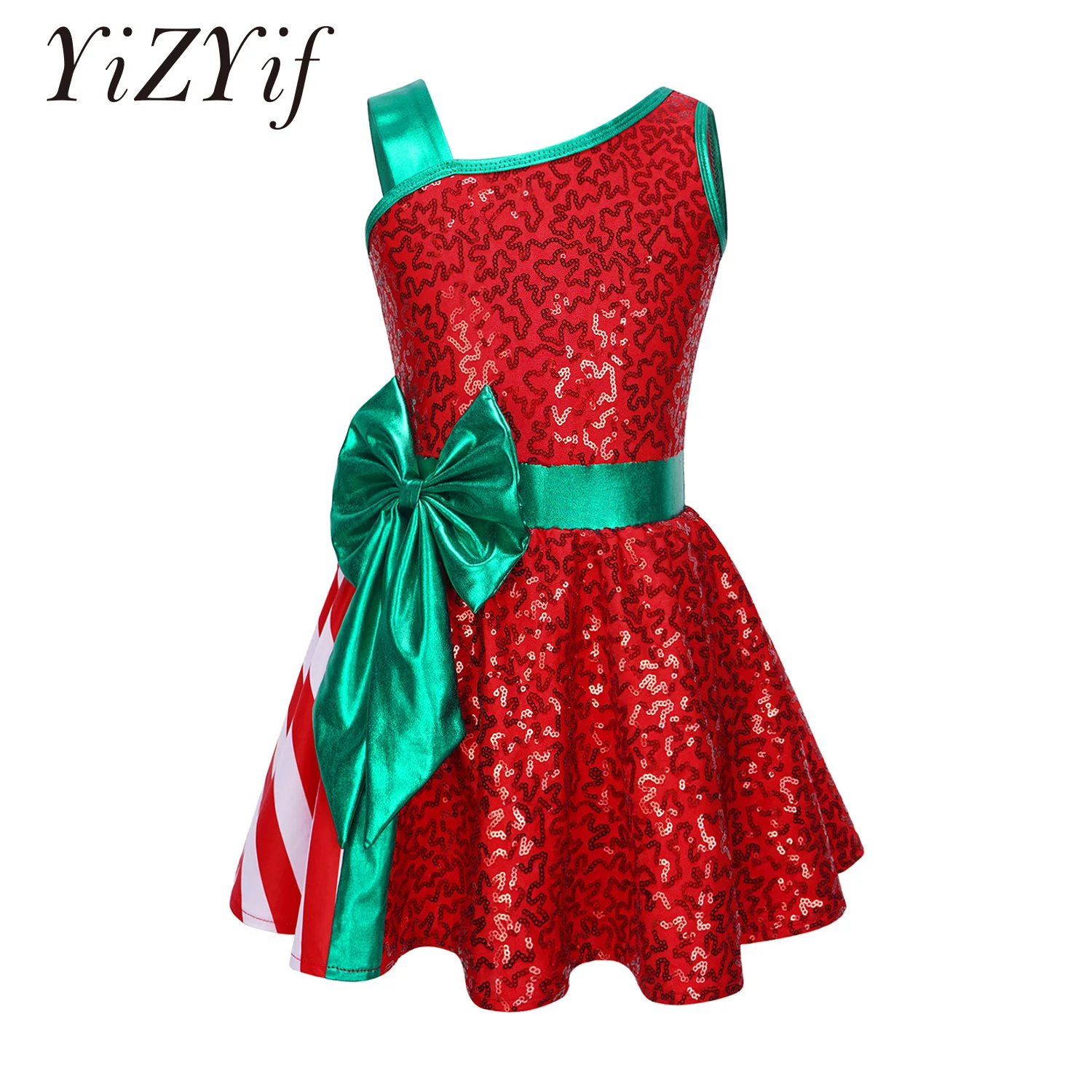 

Kid Girls Christmas Elf Party Costume Sequin Ballet Tutu Dance Dress Big Bow Stripe Gymnastics Jumpsuit Figure Skating Dancewear
