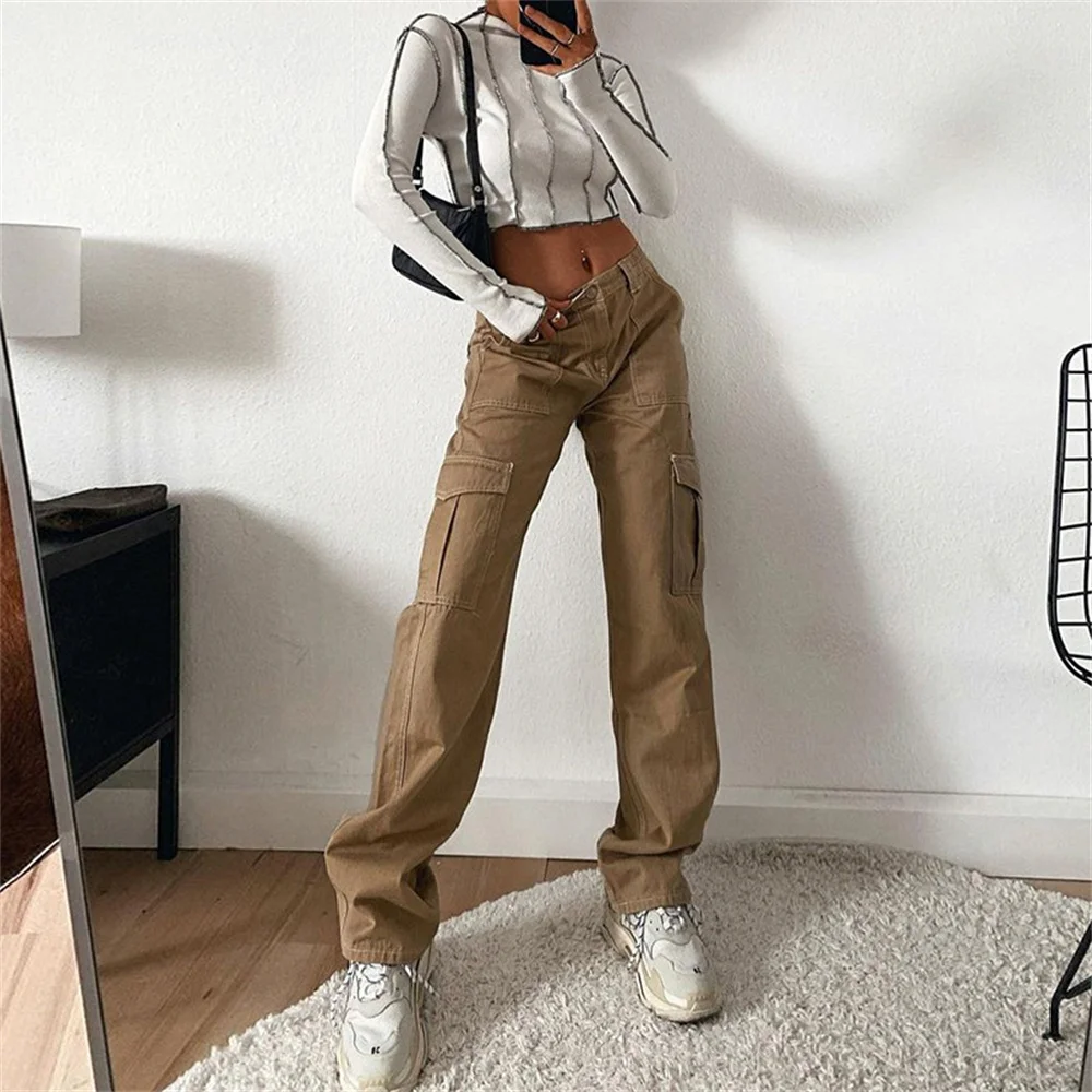 Women's High Waisted Denim Pants Flap Pocket Straight Leg Cargo Jeans Ins Y2K  Streetwear Casual Loose Boyfriend Jeans - AliExpress