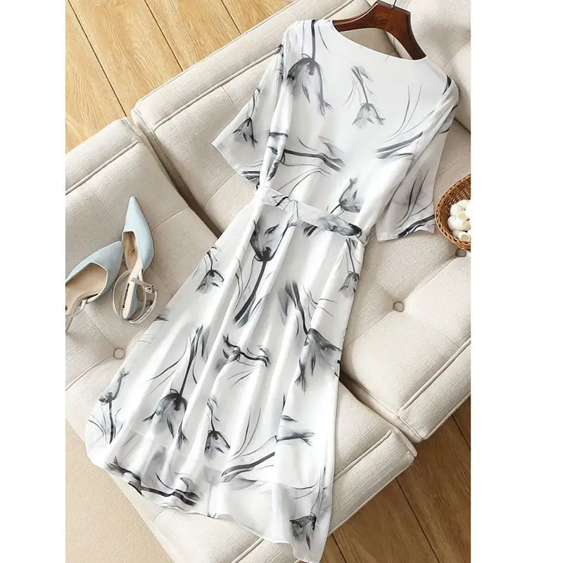 

Summer Fashionable Chinese Style Retro Art Round Neck Ink Print Waist Closing Slim Fit and Belly Wrapping Commuter Dress L109