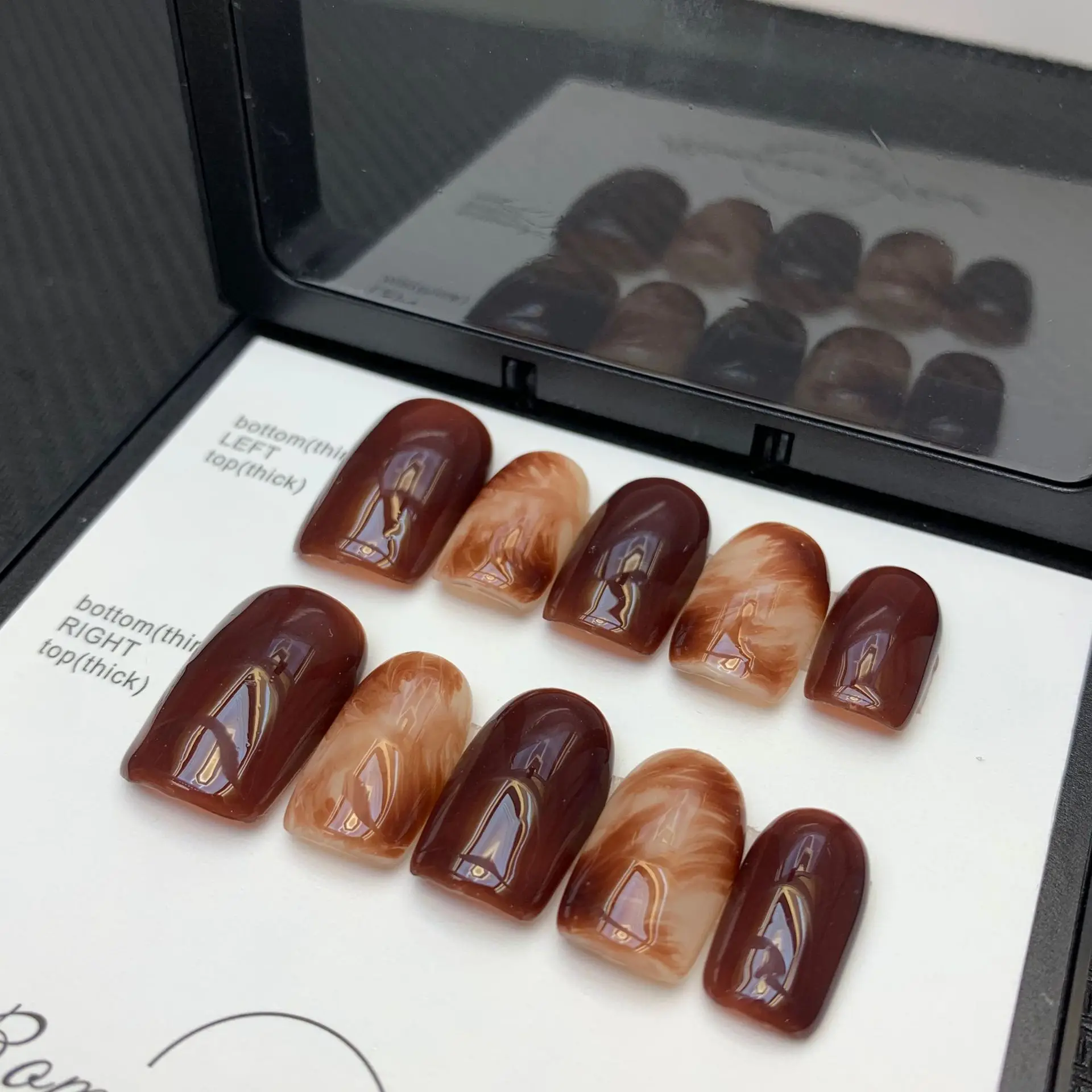 10 pcs Luxury Handmade Press on Nails Middle Square Caramel Love Design False Nails with 4-PIECE Tool Adhesive Nail Glue Tabs