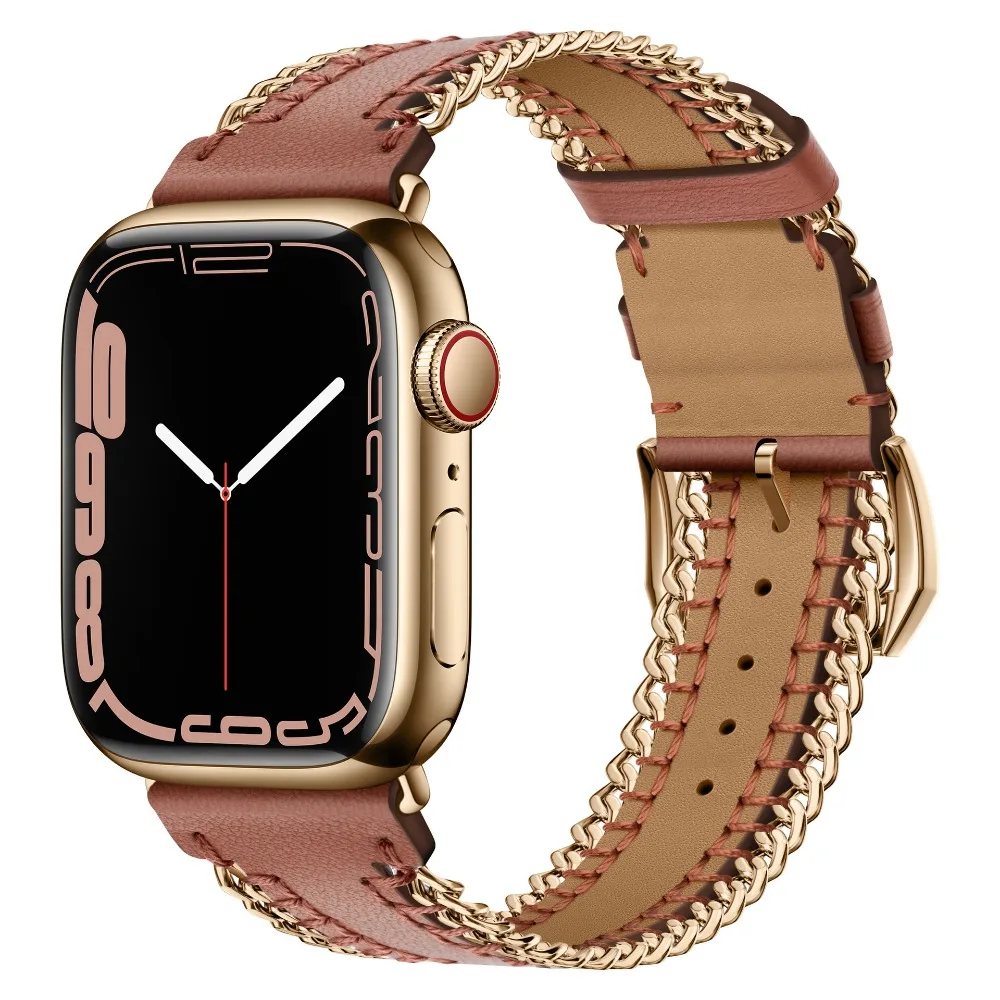 Leather Metal Bracelet for Apple Watch Band 45mm 41mm 44mm 40mm 49mm 42mm 38mm Wristband for iWatch Series Ultra 9 8 7 6 5 3 SE