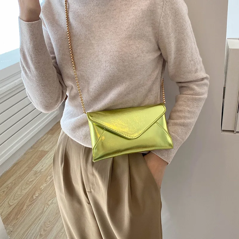 

Ladies Mini Shiny Leather Envelope Purse Women Luxury Golden Chain Crossbody Bag Fashion Girls Hot Pink Cell Phone Purse Wallet