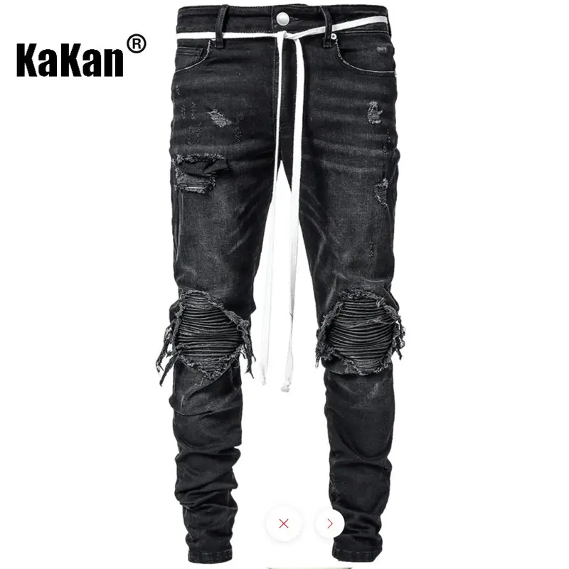 Kakan - Black Men's Slim Jeans with Holes In The Locomotive, New Skinny Jeans K016-2013 Popular In Europe and America