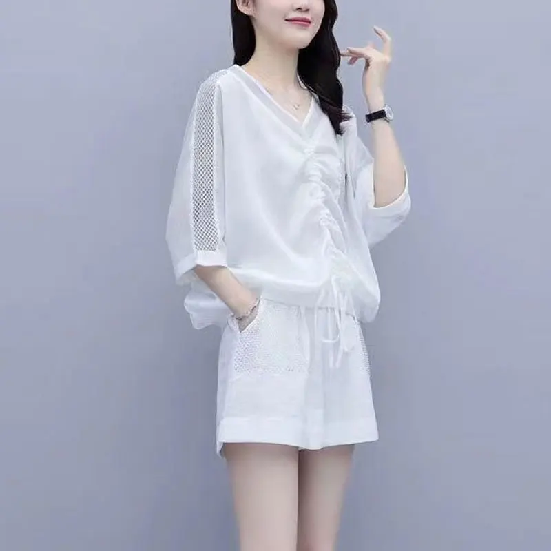 Stylish Casual Loose Matching Sets Gauze Women's Clothing V-Neck 2024 Summer Two Piece Set Korean Shirring Drawstring Short Sets