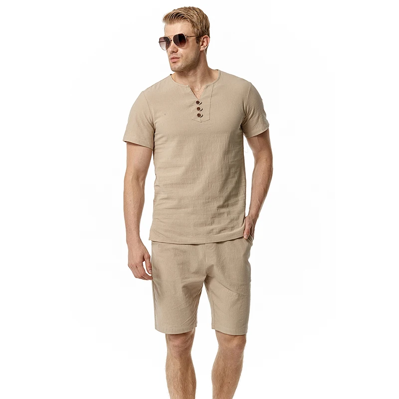 

Summer New Men‘s Cotton Linen V-neck Beach Suit T-shirt Shorts Sets Sports Thin Slim Fit Soft Tracksuit Men Clothes Joggers Gym